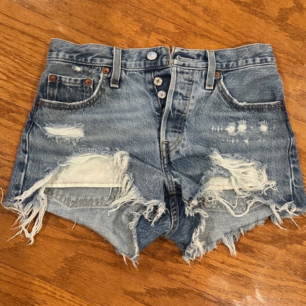 Levis 501 Original Lt Wash Distressed Denim Shorts High Rise Cut Offs Button Fly